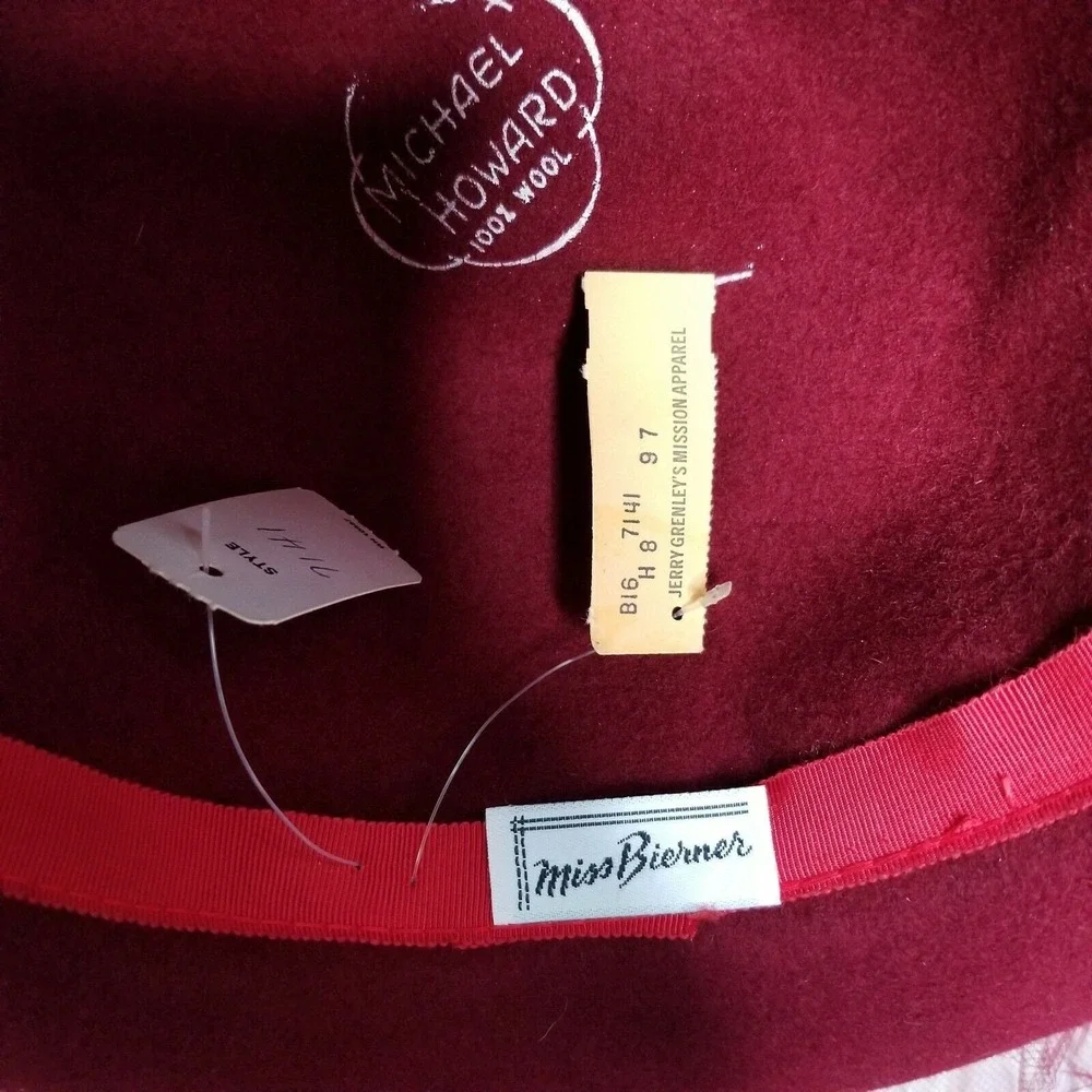 Vintage Michael Howard Maroon‎ Red Wool Hat Veil Church Derby Formal Wide Brim
